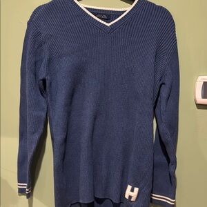 Blue V-Neck Sweater with White Trim